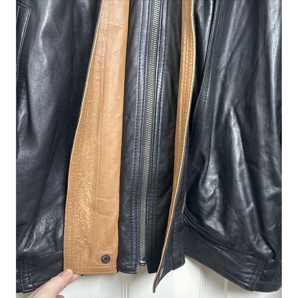 St Croix Shop Brown Black Two Tone Leather Double Collar Bomber Jacket 2XL Sz 50 - Picture 5 of 13
